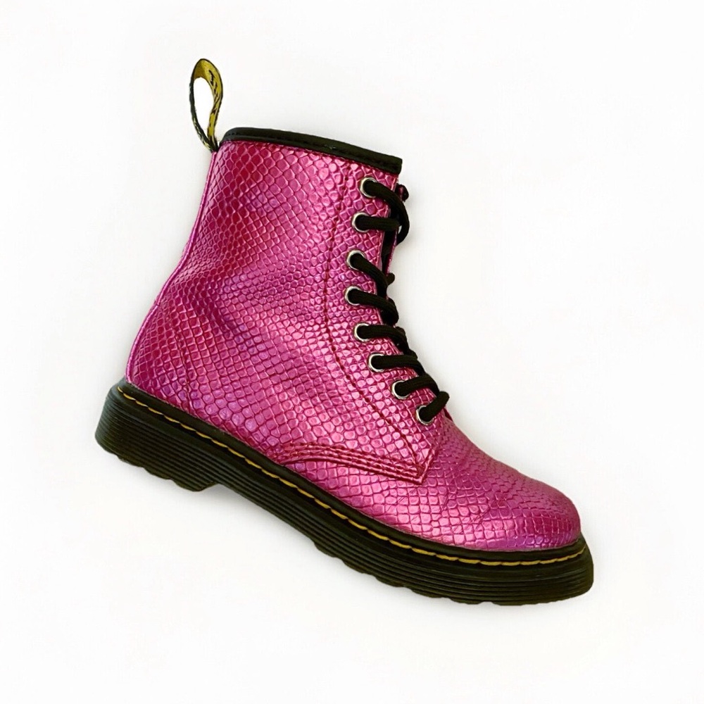 DR. MARTENS 1460 PINK REPTILE EMBOSSED LACE UP ANKLE BOOTS